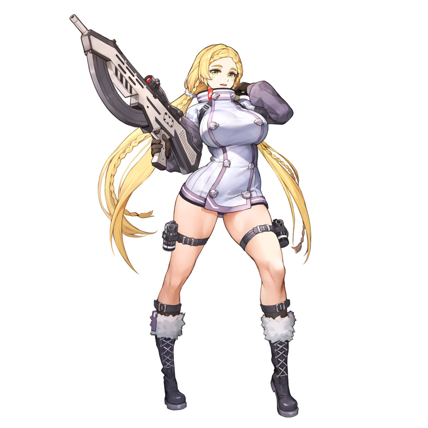 1girl assault_rifle blonde_hair boots braid breasts coat explosive full_body gloves green_eyes grenade grenade_pin gun highres huge_breasts kakiman last_origin long_hair looking_at_viewer official_art rifle smile smoke_grenade solo t-10_nymph tachi-e transparent_background twin_braids very_long_hair weapon