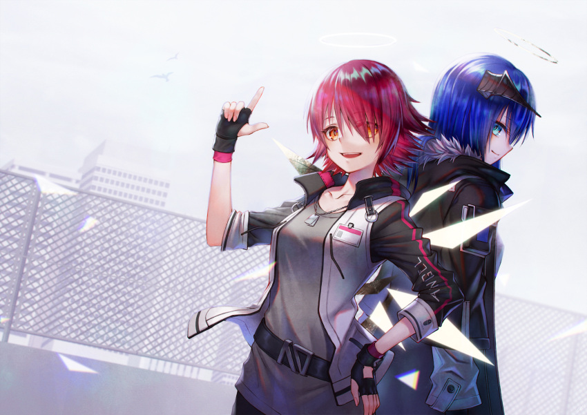 2girls arknights belt bird black_coat black_gloves black_horns blue_eyes blue_hair building day dog_tags exusiai_(arknights) fence fingerless_gloves fur_trim gloves hair_over_one_eye halo hand_on_hip highres horns id_card index_finger_raised jacket jewelry looking_back mostima_(arknights) multiple_girls necklace outdoors redhead rooftop sho_(sumika) standing