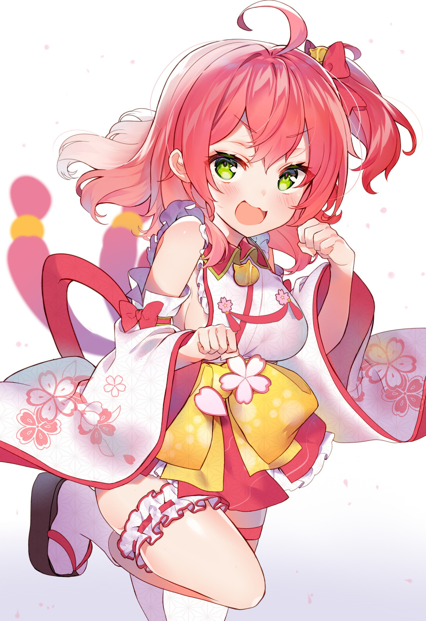 1girl absurdres ahoge bare_shoulders blush breasts cherry_blossom_print detached_sleeves eyebrows_visible_through_hair floral_print green_eyes hair_ornament highres hololive kawachi_rin leg_garter long_hair looking_at_viewer one_side_up open_mouth paw_pose paw_print_pattern pink_hair sakura_miko solo virtual_youtuber white_background wide_sleeves