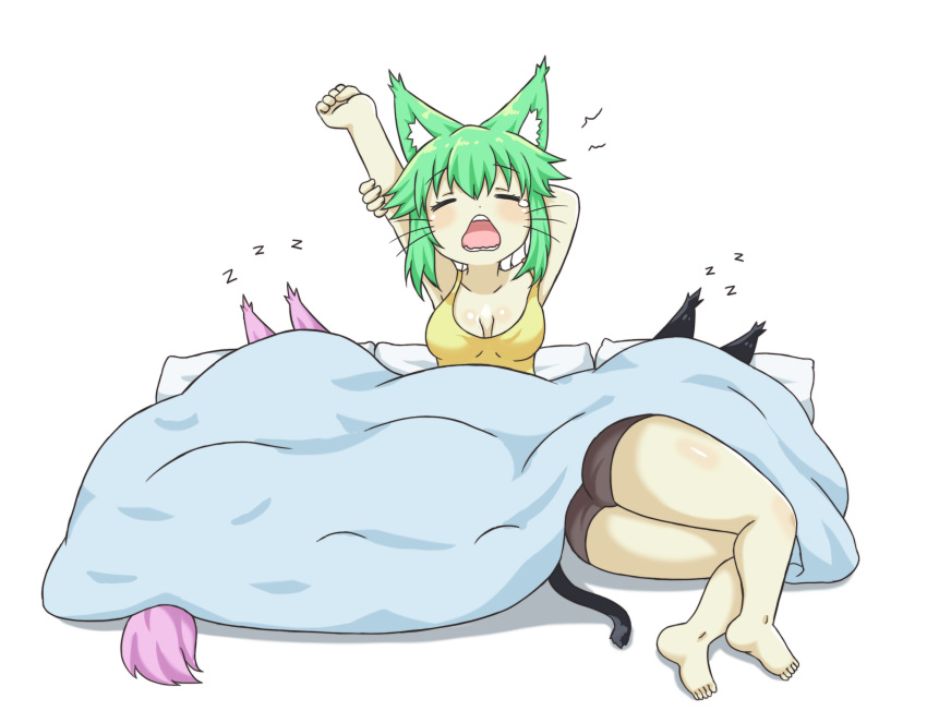 3girls animal_ears arms_up artist_self-insert ass bangs barefoot black_shorts blush breasts cat_ears cat_girl cat_tail closed_eyes collarbone commentary eyebrows_visible_through_hair green_hair greenteaneko greenteaneko-chan hair_between_eyes highres medium_breasts multiple_girls open_mouth original pillow shadow short_shorts shorts soles stretch tail tank_top tears under_covers white_background yellow_tank_top zzz