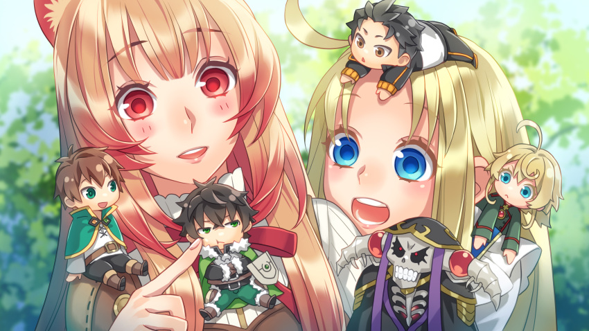 absurdres ainz_ooal_gown animal_ears blonde_hair blue_eyes blush brown_hair chibi feathered_wings firo_(tate_no_yuusha_no_nariagari) highres isekai_quartet iwatani_naofumi long_hair looking_at_viewer natsuki_subaru official_art open_mouth raccoon_ears raccoon_girl raphtalia satou_kazuma smile tanya_degurechaff tate_no_yuusha_no_nariagari white_wings wings