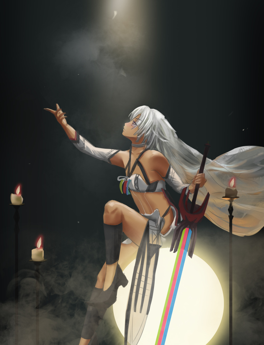 1girl absurdres altera_(fate) candle degu_guke fate/grand_order fate_(series) from_side grey_hair highres long_hair outstretched_arm photon_ray solo tan veil