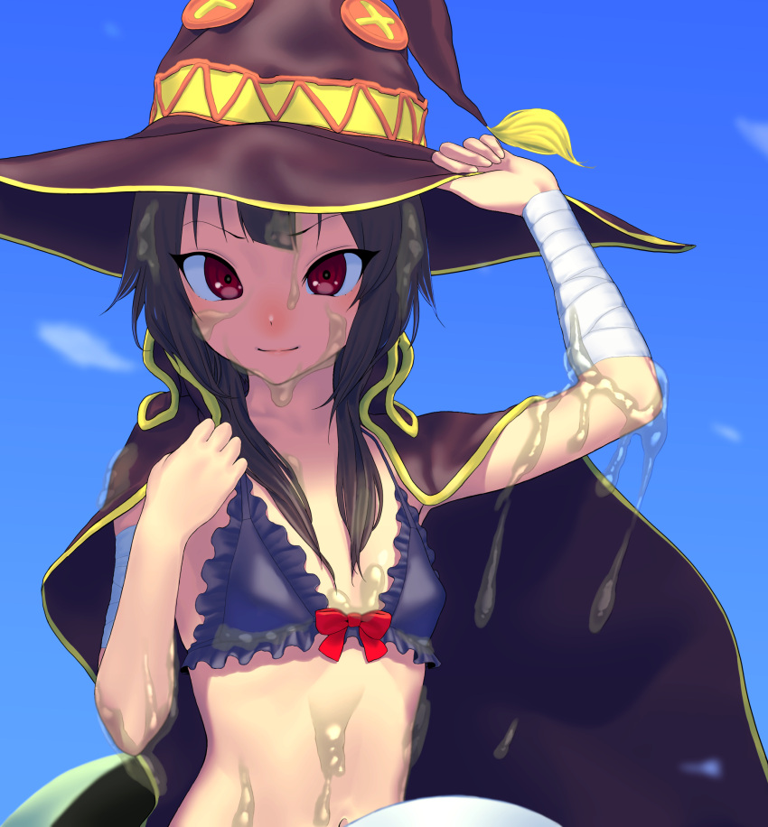 1girl bandages black_hair cape closed_mouth commentary_request gishu hat highres kono_subarashii_sekai_ni_shukufuku_wo! long_hair looking_at_viewer megumin red_eyes slime smile solo thigh-highs witch_hat
