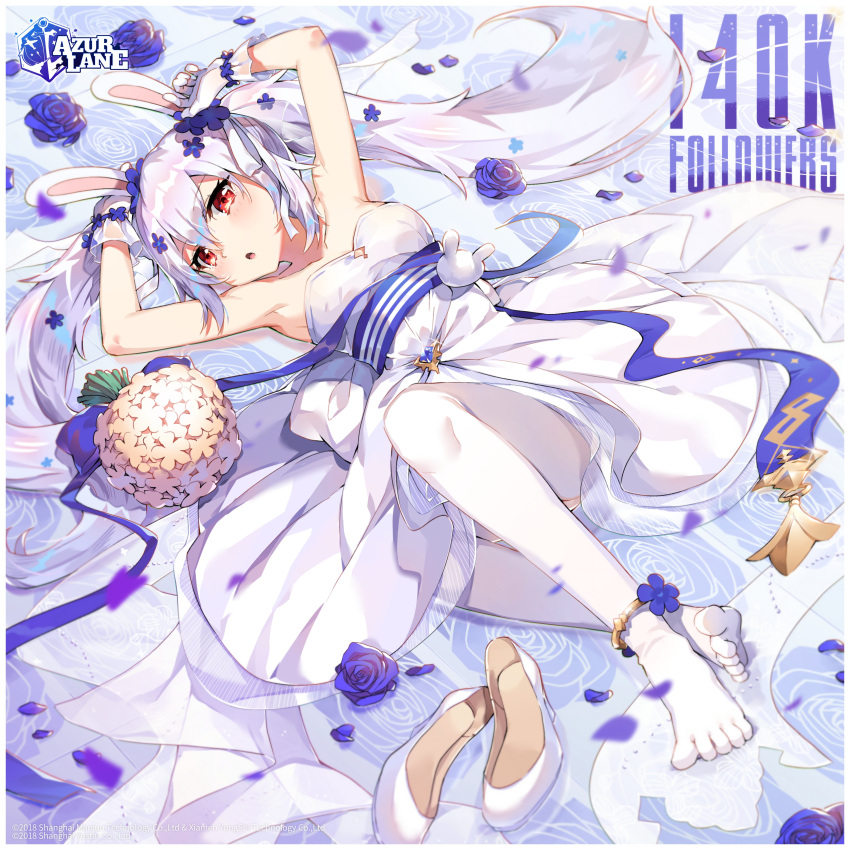 1girl absurdres anklet azur_lane bare_shoulders blue_flower blue_ribbon bouquet brown_flower bunny_hair_ornament copyright_name dress flower flower_anklet full_body gloves hair_flower hair_ornament hair_ornament1girl high_heels highres jewelry laffey_(white_rabbit's_oath)_(azur_lane) legwear long_hair looking_at_viewer lying official_art on_back open_mouth pantyhose red_eyes ribbon shoes sleeveless sleeveless_dress solo tsukino_(nakajimaseiki) twintails very_long_hair wedding_dress white_dress white_footwear white_gloves white_hair white_legwear white_legwearlooking_at_viewer