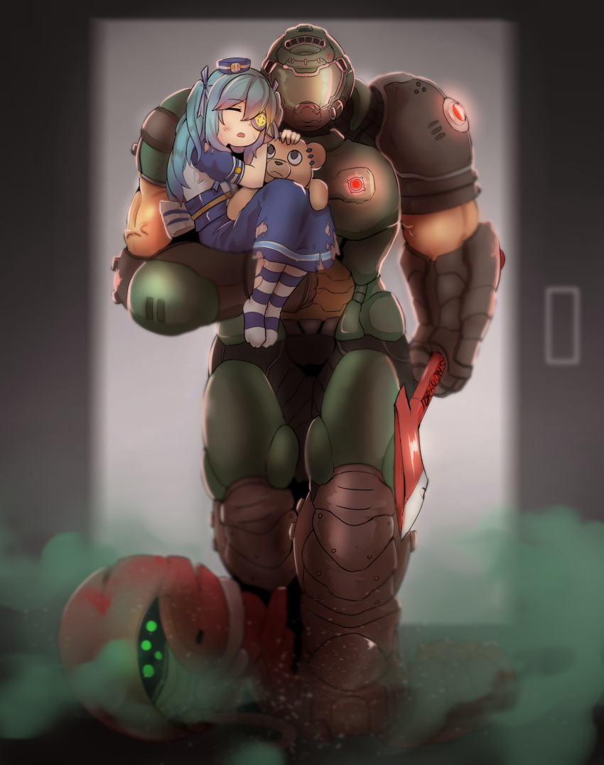 1boy 1girl absurdres axe black_eyepatch blue_dress blue_hair blush carrying closed_eyes crossover doom_(2016) doom_(game) doomguy dress full_body hat highres holding holding_axe korean_text last_origin lrl_(last_origin) norinjae praetor_suit print_eyepatch space_marine striped striped_legwear stuffed_animal stuffed_toy teddy_bear