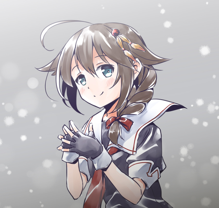 1girl ahoge blue_eyes blush braid brown_hair eyebrows_visible_through_hair fingerless_gloves gloves grey_background hair_between_eyes hair_flaps hair_ornament kantai_collection necktie school_uniform serafuku shigure_(kantai_collection) single_braid smile snow solo vri_(tinder_box)