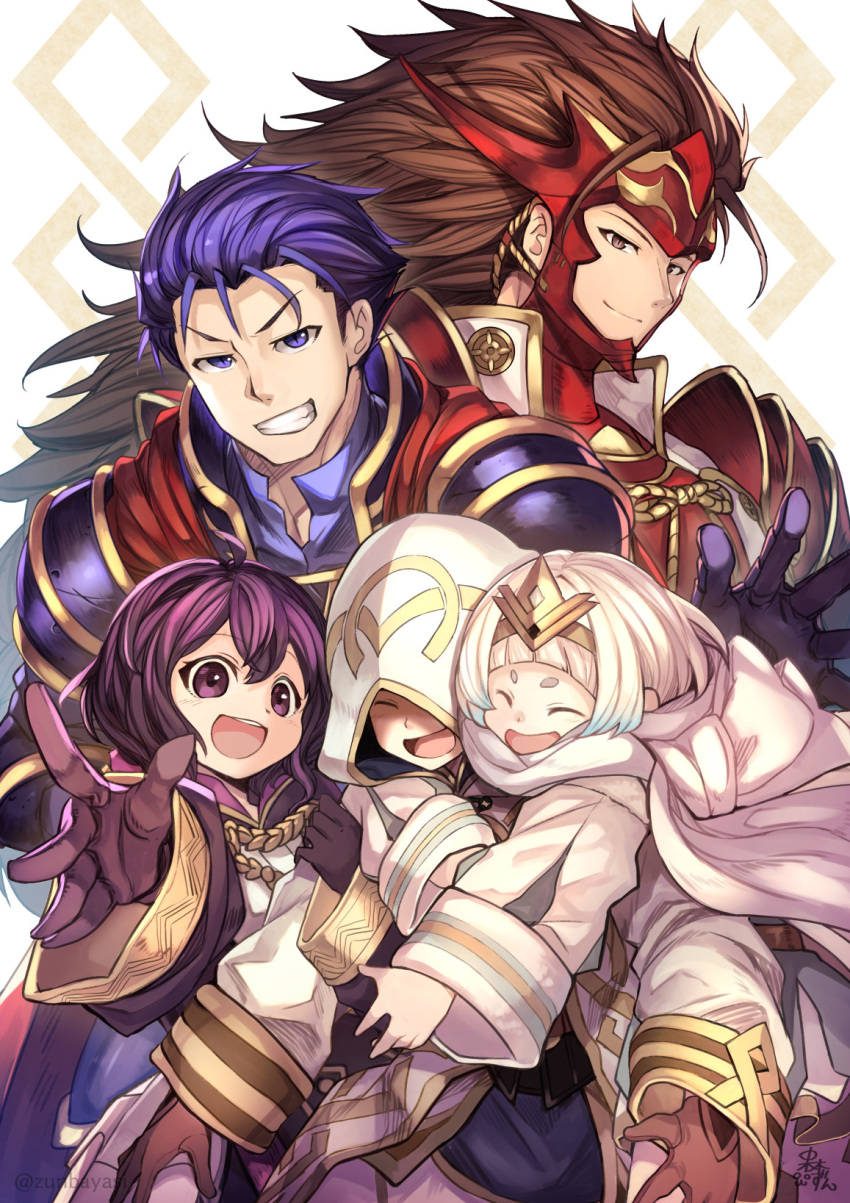 2girls 3boys ambiguous_gender armor blue_eyes blue_hair brown_eyes brown_hair cape crown fire_emblem fire_emblem_heroes gloves grin hector_(fire_emblem) highres hood kiran_(fire_emblem) looking_at_viewer morgan_(fire_emblem) morgan_(fire_emblem)_(female) multiple_boys multiple_girls nakabayashi_zun purple_hair robe ryoma_(fire_emblem) smile violet_eyes white_hair ylgr_(fire_emblem)