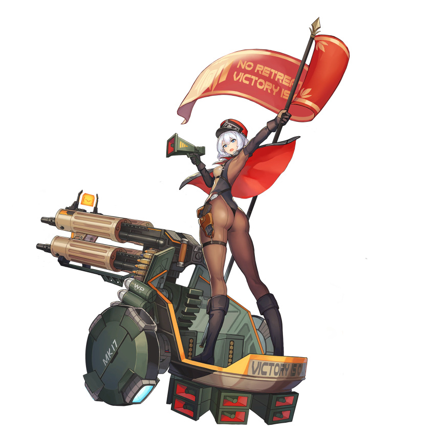 1girl ass bangs banner black_legwear blue_eyes boots c-77_redhood capelet chariot english_text from_behind full_body gun handgun hat highres holding_megaphone kepi last_origin leotard looking_at_viewer megaphone official_art paintale pantyhose pistol silver_hair solo tachi-e transparent_background weapon