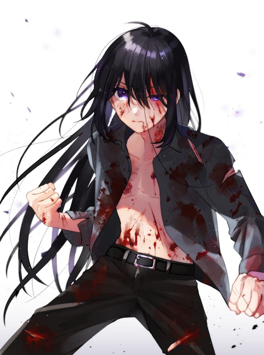 1boy absurdres ahoge asuma_(hanezu) belt black_hair blood blood_on_face clenched_hands collared_shirt hair_down highres injury long_hair male_focus namazuo_toushirou open_clothes open_shirt pants shirt torn_clothes torn_pants torn_shirt touken_ranbu uneven_eyes very_long_hair violet_eyes