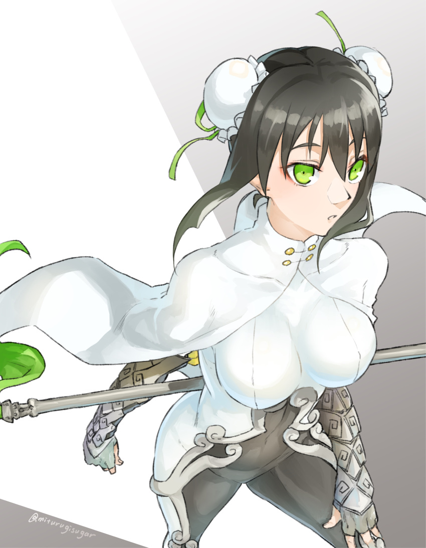 1girl absurdres black_hair bodysuit bracer breasts capelet covered_navel double_bun fate/grand_order fate_(series) fingerless_gloves gloves green_eyes highres holding holding_weapon looking_at_viewer mithurugi-sugar parted_lips qin_liangyu_(fate) solo weapon