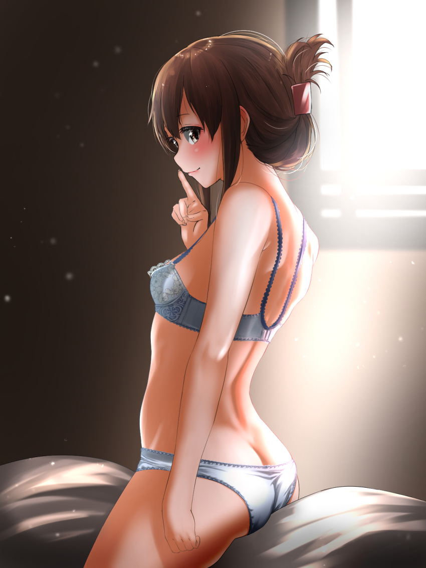 1girl ass back blue_bra blue_panties bra breasts brown_eyes brown_hair closed_mouth commentary_request folded_ponytail hair_between_eyes highres inazuma_(kantai_collection) kantai_collection long_hair looking_at_viewer panties sitting small_breasts smile solo sunlight tama_(seiga46239239) underwear window