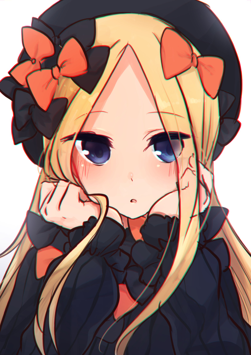 1girl abigail_williams_(fate/grand_order) bangs black_bow black_dress black_headwear blonde_hair blue_eyes blush bow dress eyebrows_visible_through_hair eyes_visible_through_hair fate/grand_order fate_(series) forehead hair_bow hands_up hat highres long_hair long_sleeves looking_at_viewer nishi_(nyon_prn) orange_bow parted_bangs parted_lips simple_background sleeves_past_wrists solo upper_body very_long_hair white_background