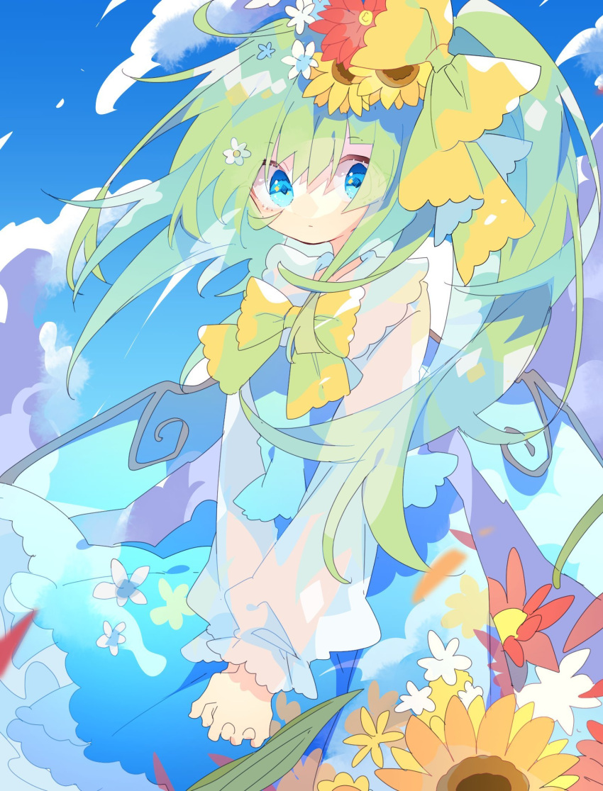 1girl blue_eyes blue_skirt bow clouds daiyousei day fairy_wings flower green_hair hair_bow hair_flower hair_ornament hands_clasped highres long_hair long_sleeves looking_at_viewer nikorashi-ka outdoors own_hands_together shirt side_ponytail skirt sky solo sunflower touhou upper_body white_shirt wind wings yellow_bow yellow_neckwear