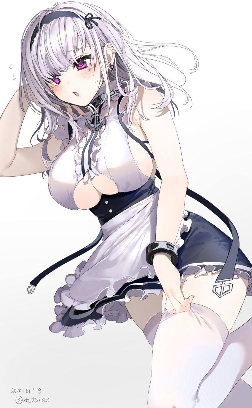 1girl anchor_choker apron azur_lane blush breasts commentary dated dido_(azur_lane) earrings hairband highres jewelry large_breasts open_mouth short_hair skindentation solo thigh-highs thighhighs_pull twitter_username underboob_cutout violet_eyes waist_apron white_hair white_legwear xretakex zettai_ryouiki