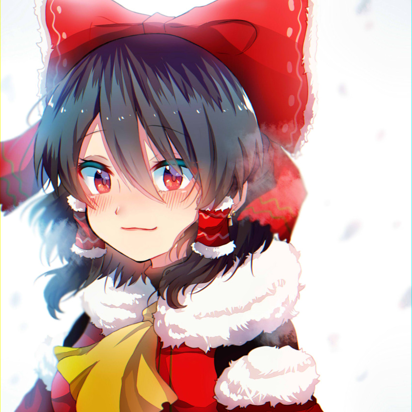 1girl adapted_costume ascot black_hair blush bow eyebrows_visible_through_hair fur_trim hair_between_eyes hair_bow hair_tubes hakurei_reimu highres himari-san_yanaika looking_at_viewer medium_hair red_eyes sidelocks simple_background smile snow solo touhou upper_body white_background wind yellow_neckwear