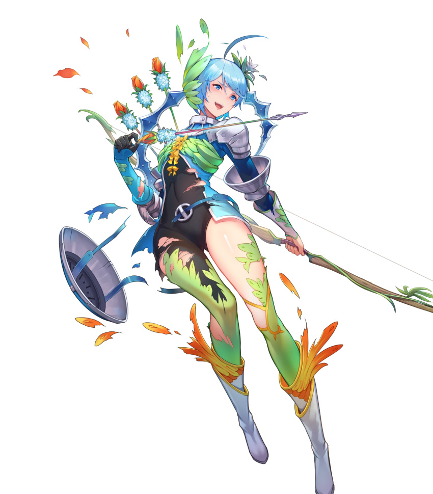 1girl ahoge armor arrow blue_eyes blue_hair boots bow bow_(weapon) bowtie earrings feathers fire_emblem fire_emblem_heroes flower full_body gen'ei_ibunroku_sharp_fe gloves hair_ornament highres jewelry kakage leaf official_art open_mouth quiver solo teeth thigh-highs torn_clothes transparent_background weapon yumizuru_eleanora