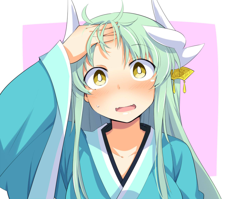 1girl bangs blue_kimono blush brown_eyes chata_maru_(irori_sabou) collarbone commentary_request eyebrows_visible_through_hair fate/grand_order fate_(series) highres horns japanese_clothes kimono kiyohime_(fate/grand_order) long_hair long_sleeves looking_at_viewer open_mouth pink_background simple_background solo two-tone_background white_background wide_sleeves