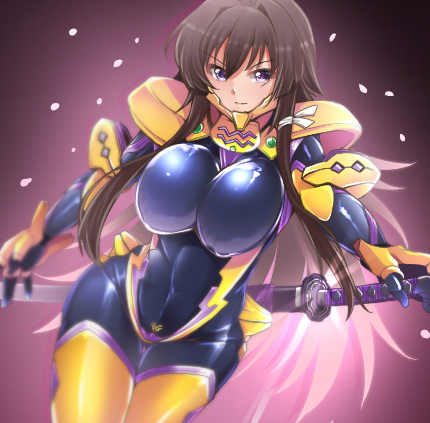 1girl absurdres black_bodysuit bodysuit breasts brown_hair covered_navel highres holding holding_sword holding_weapon impossible_bodysuit impossible_clothes katana large_breasts long_hair looking_at_viewer muvluv muvluv_alternative muvluv_total_eclipse pilot_suit shiny shiny_clothes shiny_hair shiny_skin sidelocks skin_tight solo sword takamura_yui violet_eyes weapon yunodon_(sugar_maple)