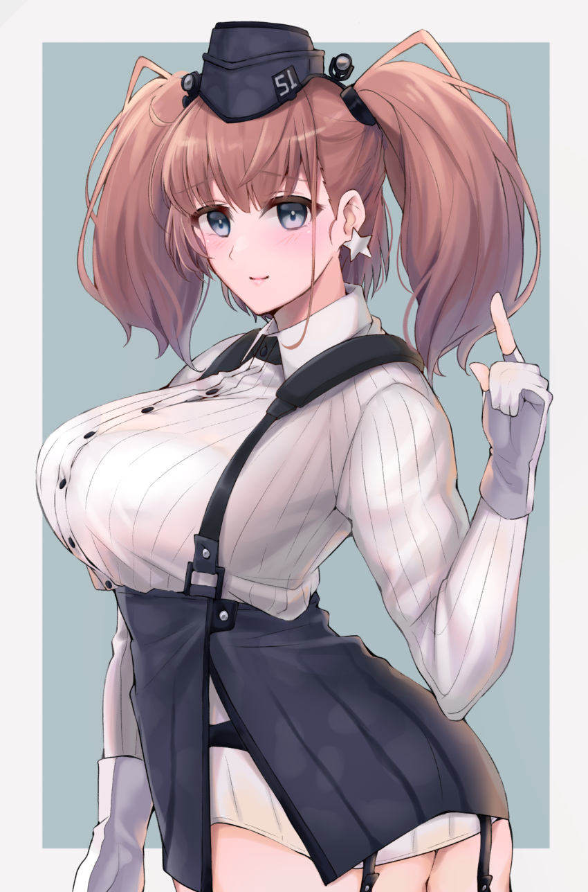 1girl absurdres atlanta_(kantai_collection) ayuko91 black_headwear black_skirt blush breasts brown_hair dress_shirt earrings eyebrows_visible_through_hair garrison_cap garter_straps gloves grey_eyes hat high-waist_skirt highres huge_breasts jewelry kantai_collection large_breasts long_hair long_sleeves partly_fingerless_gloves shirt skirt solo star star_earrings suspender_skirt suspenders two-tone_background two_side_up white_shirt