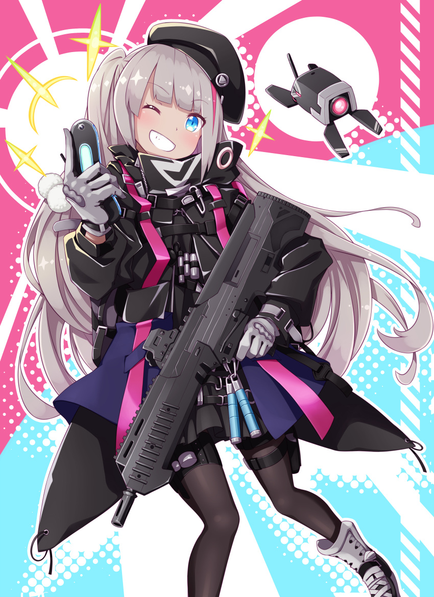 1girl absurdres backpack bag bangs beret black_headwear black_legwear blue_eyes boots cellphone commentary_request desert_tech_mdr dinergate_(girls_frontline) eyebrows_visible_through_hair flip_phone girls_frontline glint gloves grey_gloves grey_hair grin gun haradaiko_(arata_himeko) hat highres holding holding_gun holding_phone holding_weapon holster long_hair long_sleeves looking_at_viewer mdr_(girls_frontline) multicolored multicolored_background multicolored_hair one_eye_closed one_side_up pantyhose phone pom_pom_(clothes) side_ponytail smile solo_focus streaked_hair tactical_clothes thigh_holster weapon