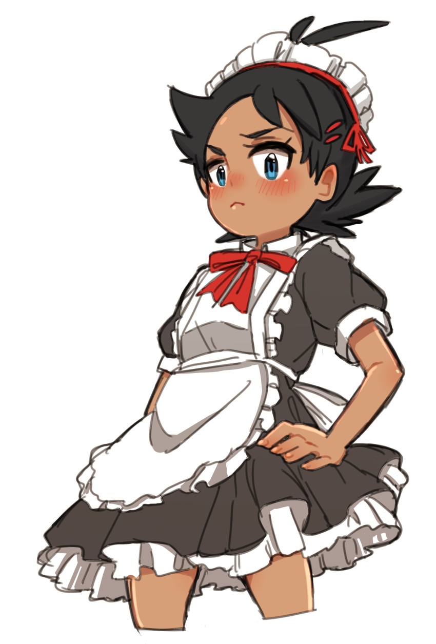 1boy absurdres alternate_costume apron black_hair blue_eyes blush closed_mouth commentary crossdressinging dark_skin dark_skinned_male embarrassed enmaided gou_(pokemon) hair_ornament hairclip hand_on_hip highres looking_at_viewer maid maid_apron maid_headdress male_focus nico_o0 pokemon pokemon_(anime) pokemon_swsh_(anime) simple_background solo spiky_hair white_background