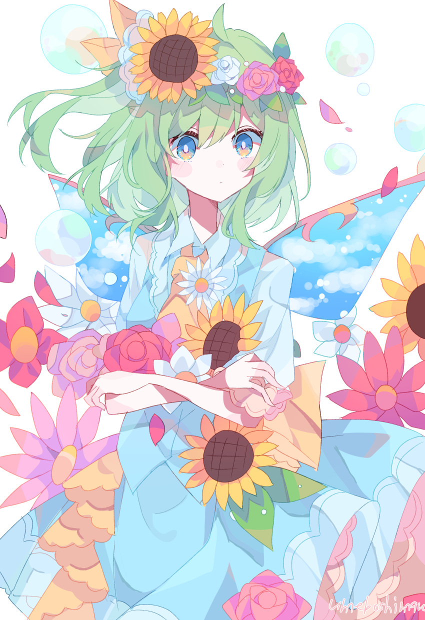 1girl absurdres artist_name back_bow blue_dress blue_eyes bow bubble carrying clouds crossed_arms daisy daiyousei dress fairy_wings flower frills green_hair hair_ribbon head_wreath highres long_hair petals ribbon rose shirt side_ponytail sky solo sunflower touhou umemaro_(siona0908) upper_body white_background white_shirt wings yellow_neckwear yellow_ribbon