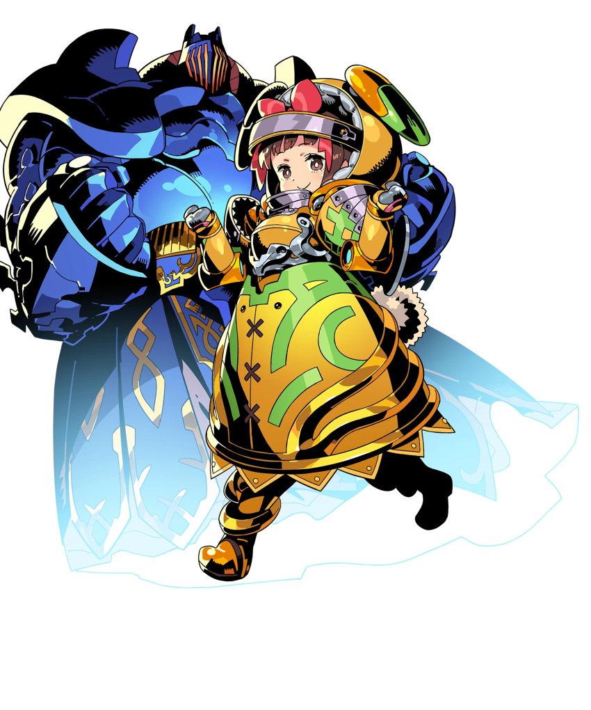 1girl armor armored_boots axe boots bow braid brown_eyes draug_(fire_emblem) fire_emblem fire_emblem_heroes full_body gen'ei_ibunroku_sharp_fe gloves helmet highres himukai_yuuji long_hair minamoto_mamori official_art transparent_background twin_braids