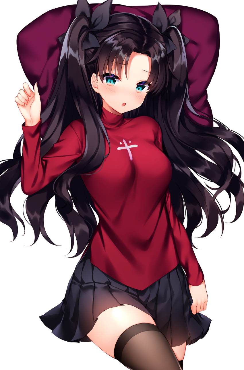 1girl :o absurdres bangs black_hair black_skirt blue_eyes bow breasts brown_legwear fate/grand_order fate_(series) hair_bow hand_up highres large_breasts long_hair long_sleeves looking_at_viewer miniskirt parted_bangs parted_lips pillow pleated_skirt red_shirt shirt shouu-kun simple_background skirt solo thigh-highs toosaka_rin turtleneck two_side_up white_background zettai_ryouiki