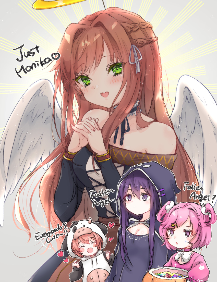4girls :d :o ^_^ absurdres alternate_costume angel_wings animal_costume bangs bare_shoulders blush braid brown_hair cape choker closed_eyes commentary_request cow_costume crown_braid doki_doki_literature_club english_text eyebrows_visible_through_hair frilled_choker frills green_eyes hair_between_eyes hair_down hair_ornament hairclip halloween_basket halloween_costume halo hands_together heart highres hood hood_up hooded_cape interlocked_fingers long_hair looking_at_viewer monika_(doki_doki_literature_club) multiple_girls natsuki_(doki_doki_literature_club) open_mouth pink_hair purple_hair sayori_(doki_doki_literature_club) short_hair sidelocks smile sunburst sunburst_background swept_bangs touko_56 two_side_up violet_eyes wings yuri_(doki_doki_literature_club)
