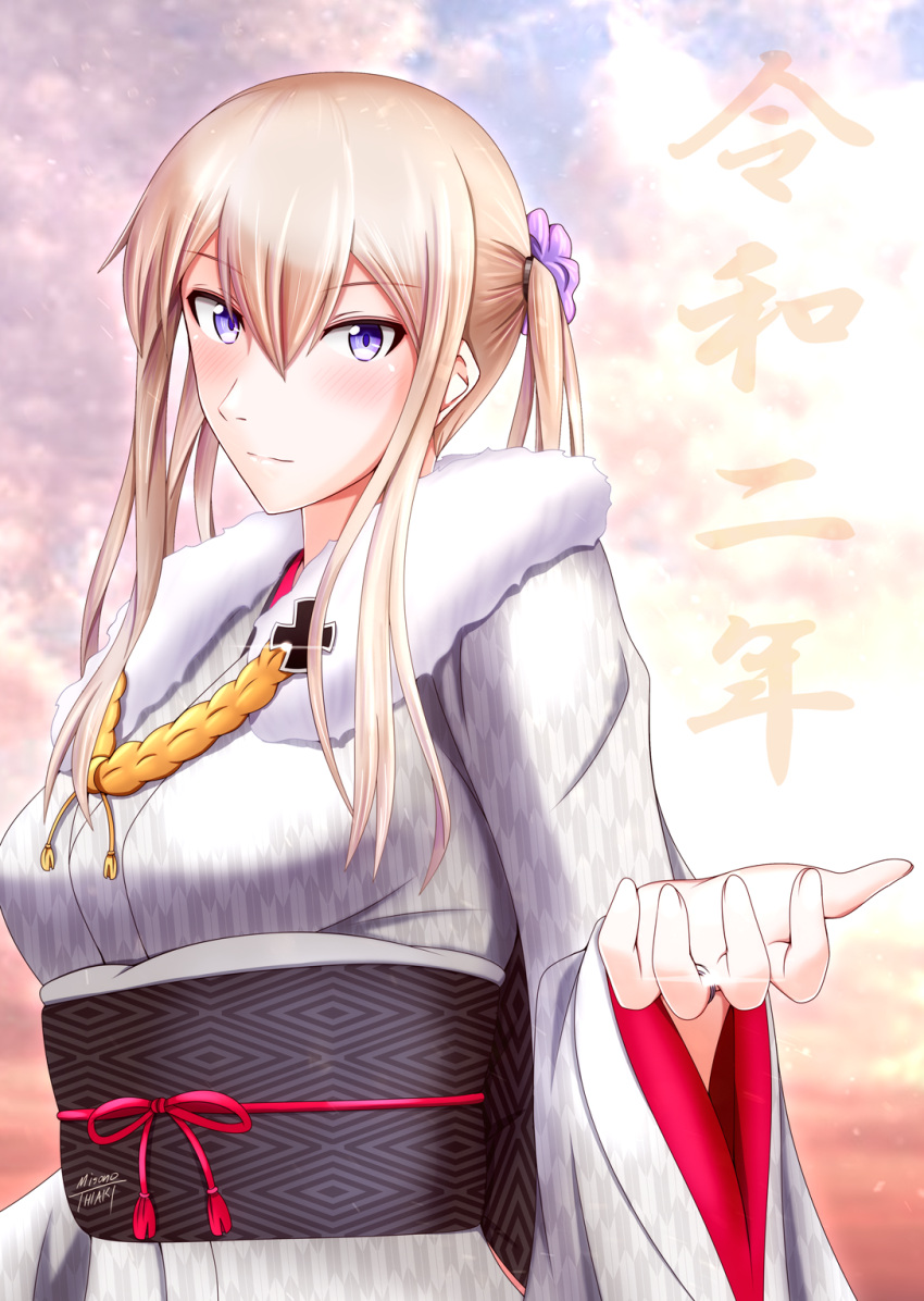 1girl blonde_hair flower graf_zeppelin_(kantai_collection) grey_kimono hair_between_eyes hair_flower hair_ornament highres iron_cross japanese_clothes jewelry kantai_collection kimono misono_thiaki obi purple_flower ring sash sidelocks solo twintails upper_body violet_eyes wedding_band wide_sleeves