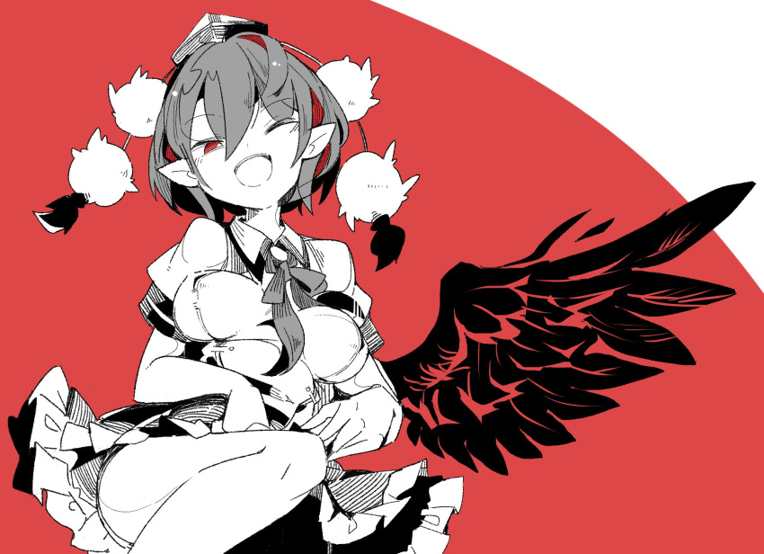 1girl black_skirt commentary feathered_wings frills hat highres knee_up looking_at_viewer ma_sakasama monochrome neck_ribbon one_eye_closed open_mouth pointy_ears pom_pom_(clothes) red_background red_eyes ribbon shameimaru_aya shirt short_hair short_sleeves skirt smile solo spot_color tokin_hat touhou upper_body white_shirt wings