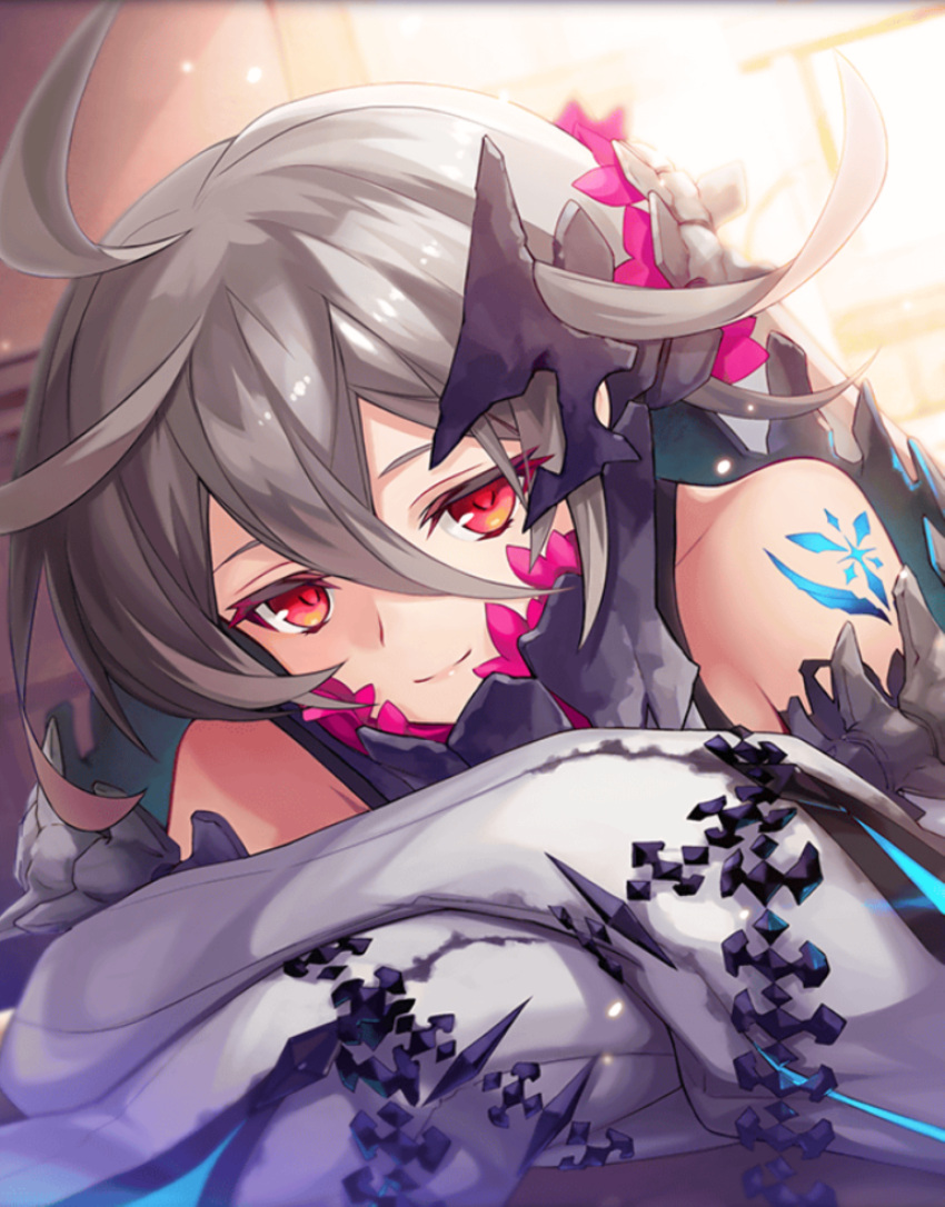 ahoge bare_shoulders bone_hair_ornament crossed_arms eyelashes game_cg glowing_tattoo hair_between_eyes highres integral_killer_(phantom_of_the_kill) laevateinn_(phantom_of_the_kill) long_hair long_sleeves looking_at_viewer petals phantom_of_the_kill red_eyes silver_hair smile sunlight tattoo window