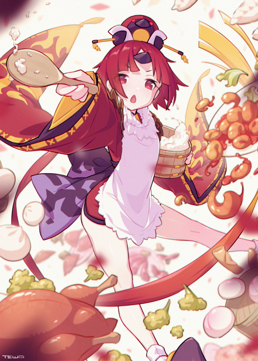 1girl absurdres artist_name benienma_(fate/grand_order) black_footwear chestnut_mouth eyebrows_visible_through_hair fate/grand_order fate_(series) highres horn looking_at_viewer parted_lips red_eyes redhead short_hair socks solo tewo_(tewowet) white_legwear