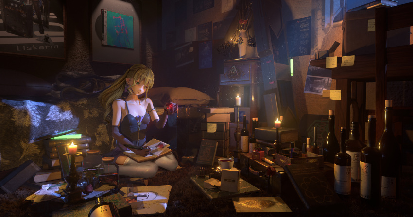 1girl 2046547893 absurdres bare_shoulders blonde_hair blood_bead book bottle breasts candle code_vein cup elbow_gloves english_commentary gloves highres holding long_hair looking_at_viewer mia_karnstein no_hat no_headwear notepad open_book picture_(object) small_breasts solo vampire white_legwear