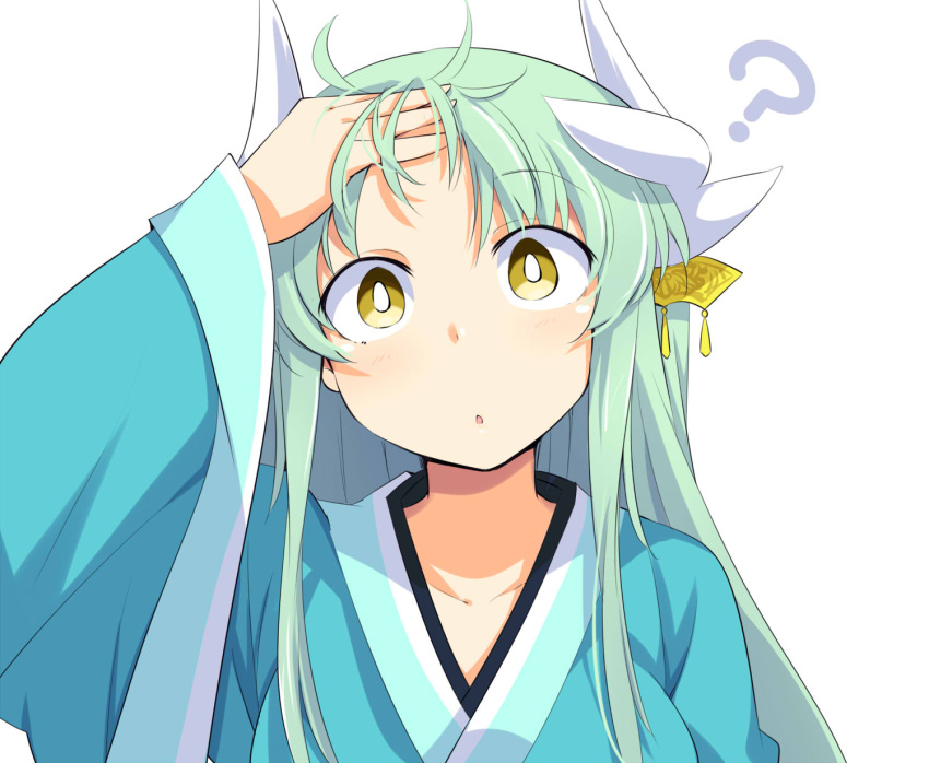 1girl ? bangs blue_kimono brown_eyes chata_maru_(irori_sabou) collarbone commentary_request eyebrows_visible_through_hair fate/grand_order fate_(series) highres horns japanese_clothes kimono kiyohime_(fate/grand_order) long_hair long_sleeves looking_at_viewer simple_background solo white_background wide_sleeves
