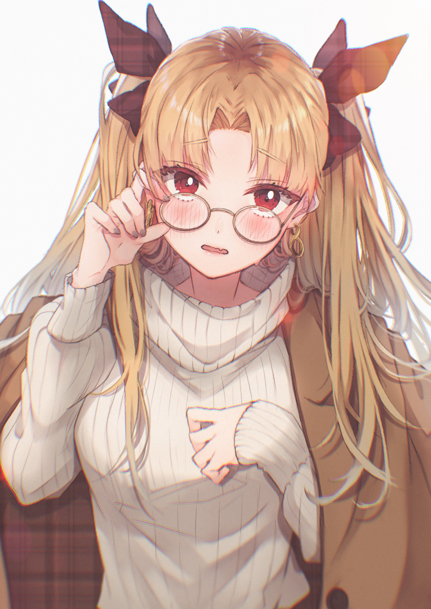 1girl absurdres black_bow blonde_hair blurry blush bow brown_coat coat commentary_request earrings ereshkigal_(fate/grand_order) eyebrows_visible_through_hair fate/grand_order fate_(series) glasses grey_background grey_nails hair_bow hand_up highres jewelry long_hair long_sleeves looking_at_viewer marei_(mercy) nail_polish red_eyes ribbed_sweater simple_background solo sweater two_side_up wavy_mouth white_sweater
