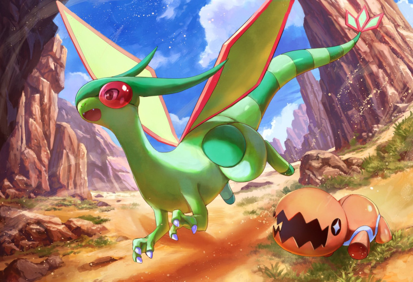 +_+ claws clouds day desert dragon fangs flygon flying gen_3_pokemon no_humans open_mouth outdoors pippi_(pixiv_1922055) pokemon pokemon_(creature) sky trapinch wings