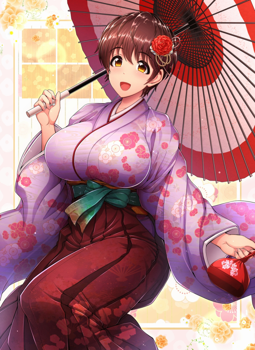 1girl :d bag bangs breasts brown_hair collarbone commentary_request cowboy_shot eyebrows_visible_through_hair floral_background floral_print flower furisode hair_flower hair_ornament hakama highres holding holding_bag holding_umbrella huge_breasts idolmaster idolmaster_cinderella_girls japanese_clothes kimono kinchaku light_particles long_sleeves looking_at_viewer oikawa_shizuku open_mouth oriental_umbrella pouch print_hakama purple_kimono red_hakama sash shiny shiny_hair short_hair smile solo umasan umbrella wide_sleeves yellow_eyes