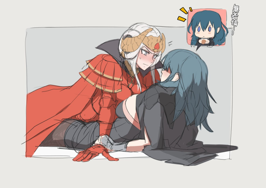 2girls angry arm_support blush byleth_(fire_emblem) byleth_eisner_(female) cape chibi edelgard_von_hresvelg female_my_unit_(fire_emblem:_three_houses) fire_emblem fire_emblem:_three_houses fire_emblem:_three_houses fire_emblem_16 gloves green_hair grey_background horned_headwear intelligent_systems looking_at_another mikoyan multiple_girls my_unit_(fire_emblem:_three_houses) nintendo pinned red_cape red_gloves silver_hair super_smash_bros. sweatdrop tiara upset violet_eyes what yuri