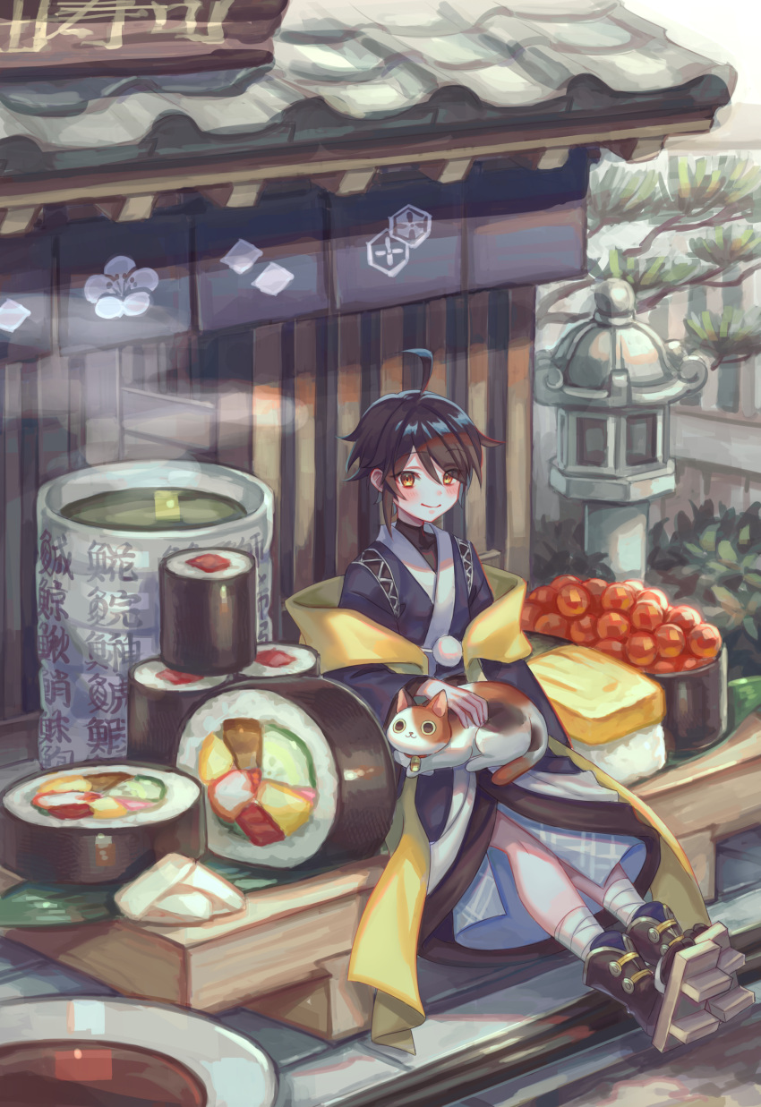 1girl absurdres ahoge androgynous architecture bandaged_leg bandages bangs black_hair blue_kimono blush bodysuit_under_clothes building cat cat_on_lap chopsticks commentary_request cup east_asian_architecture eyebrows_visible_through_hair food full_body geta green_tea gunkanmaki highres ikura_(food) japanese_clothes kimono leaf looking_at_viewer makizushi nigirizushi noren nori_(seaweed) omelet original outdoors oversized_food petting rice roe short_hair sidelocks sign sitting smile solo_focus soy_sauce steam stone_lantern sushi sushi_geta tabi_boots tamagoyaki tea tree yellow_eyes yukata yunomi zoff_(daria)