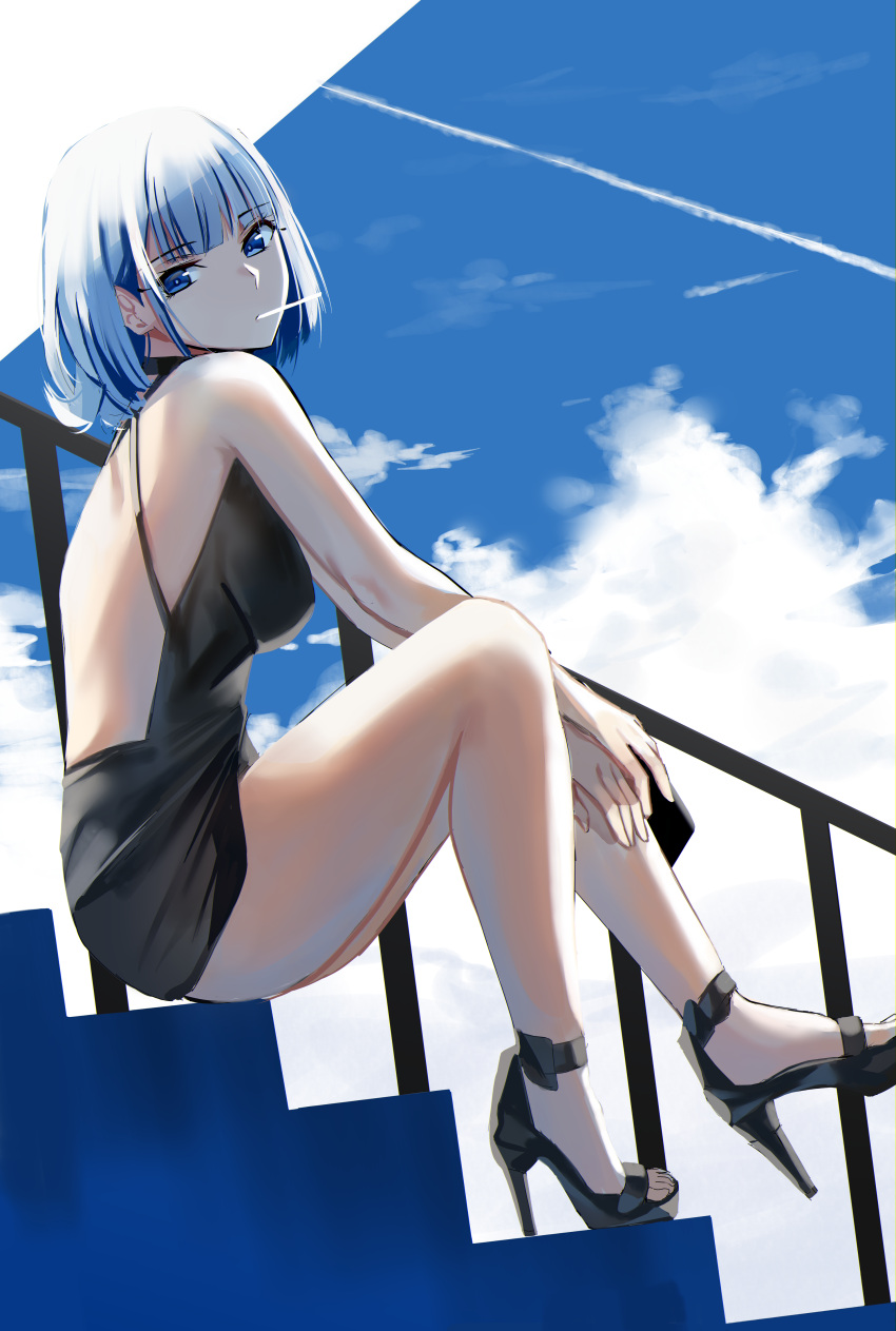 1girl absurdres ass bangs black_dress black_footwear blue_eyes blue_sky choker clouds dress eyebrows_visible_through_hair high_heels highres looking_at_viewer medium_hair nikek96 open_toe_shoes original silver_hair sitting sky sleeveless sleeveless_dress solo stairs