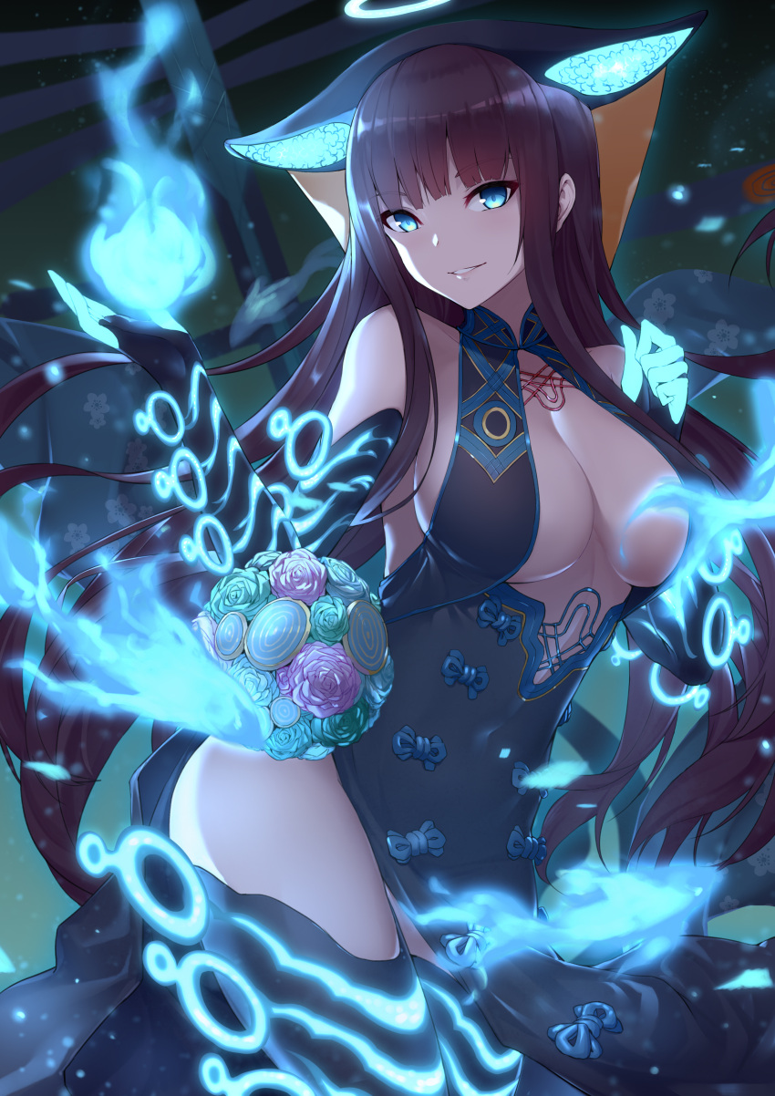 1girl absurdres bangs bare_shoulders black_dress black_gloves black_headwear black_legwear blue_eyes blue_fire blunt_bangs blush breasts center_opening dress elbow_gloves fate/grand_order fate_(series) fire gloves highres large_breasts long_hair looking_at_viewer phil purple_hair smile solo thigh-highs thighs very_long_hair yang_guifei_(fate/grand_order)