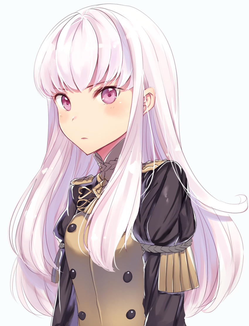 1girl closed_mouth epaulettes fire_emblem fire_emblem:_three_houses garreg_mach_monastery_uniform haru_(nakajou-28) highres long_hair lysithea_von_ordelia pink_eyes simple_background solo uniform upper_body white_background white_hair