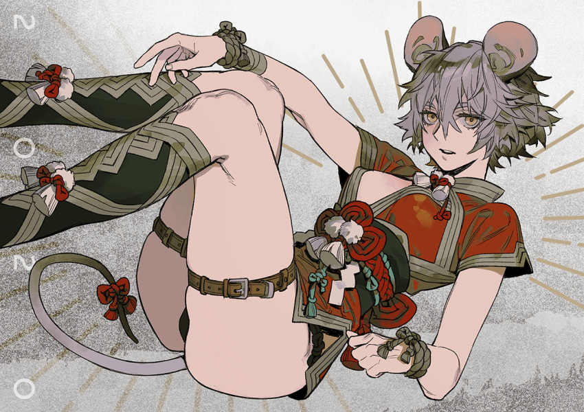 1girl 2020 animal_ears black_legwear black_panties bracelet brown_eyes chinese_zodiac dress hair_between_eyes jewelry looking_at_viewer lying muni_(fdrk) obi on_back original panties red_dress sash short_hair silver_hair solo tail underwear year_of_the_rat