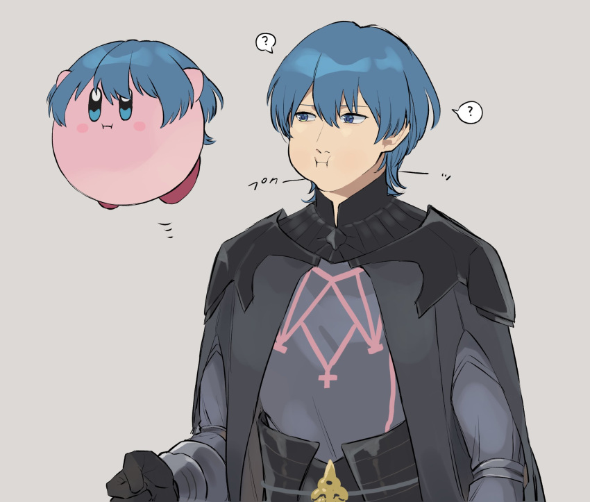 ? black_gloves blue_eyes blue_hair blush_stickers byleth_(fire_emblem) byleth_eisner_(male) clenched_hand copy_ability fire_emblem fire_emblem:_three_houses flying gloves grey_background highres imitating kirby kirby_(series) puffy_cheeks super_smash_bros.