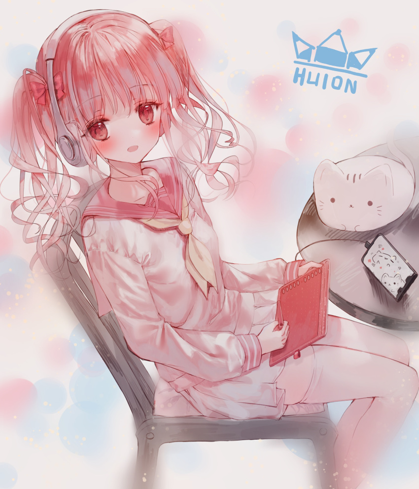1girl :d absurdres animal bangs blush bow cat cellphone chair drawing_tablet eyebrows_visible_through_hair hair_bow headphones highres holding holding_stylus huion long_hair long_sleeves looking_at_viewer neckerchief on_chair open_mouth original phone pink_sailor_collar pleated_skirt red_bow red_eyes redhead sailor_collar school_uniform serafuku shirt sitting skirt smile solo stylus tandohark thigh-highs twintails white_legwear white_shirt white_skirt yellow_neckwear