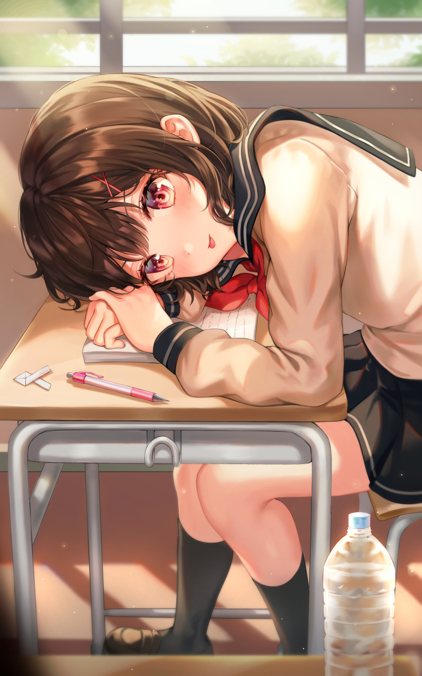 1girl absurdres black_hair black_legwear blush bottle chair classroom closed_mouth desk eyebrows_visible_through_hair hair_ornament highres indoors kneehighs looking_at_viewer mechanical_pencil original pencil red_eyes short_hair sitting smile solo tokkyu tongue tongue_out water_bottle x_hair_ornament