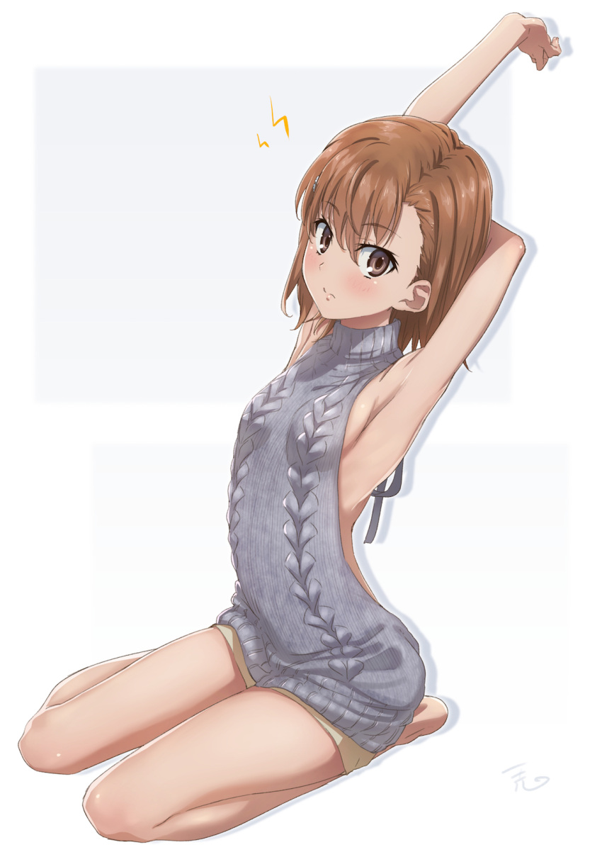 1girl armpits arms_up backless_dress backless_outfit bare_legs bare_shoulders barefoot blush breasts brown_eyes brown_hair dress eyebrows_visible_through_hair full_body hair_ornament hairpin highres looking_at_viewer meme_attire misaka_mikoto puma_(hyuma1219) revision ribbed_sweater seiza shorts sideboob simple_background sitting small_breasts solo spiky_hair stretch sweater sweater_dress to_aru_kagaku_no_railgun to_aru_majutsu_no_index turtleneck turtleneck_sweater virgin_killer_sweater yokozuwari