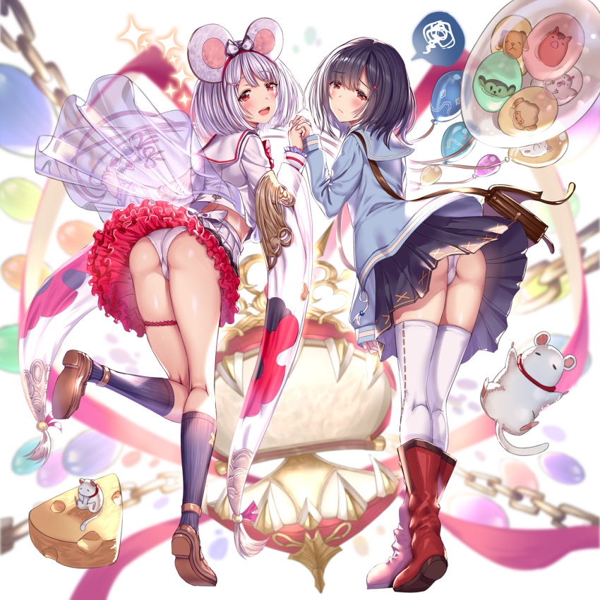 2girls :d aldehyde animal_ears ass balloon bangs black_bow black_legwear black_skirt blush boots bow cheese dual_persona fake_animal_ears food frilled_skirt frills granblue_fantasy hair_bow hair_ornament hairband hairclip heart highres holding_hands interlocked_fingers kneehighs kneepits long_sleeves looking_at_viewer looking_back mouse mouse_ears multiple_girls open_mouth panties pantyshot pantyshot_(standing) pleated_skirt red_bow red_eyes red_footwear shirt short_hair silver_hair skirt smile standing thigh-highs underwear upper_teeth vikala_(granblue_fantasy) white_legwear white_panties white_shirt white_skirt wide_sleeves