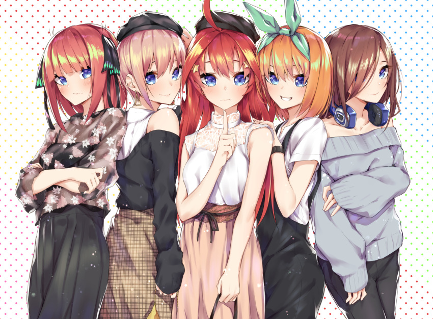 5girls ahoge bag bangs beret black_camisole black_cardigan black_headwear black_overalls black_pants black_ribbon blue_cardigan blue_eyes blunt_bangs blush breasts brown_hair brown_skirt butterfly_hair_ornament closed_mouth collarbone commentary_request cowboy_shot crossed_arms denim dotted_background eyebrows_behind_hair go-toubun_no_hanayome green_hairband green_ribbon green_skirt grin hair_between_eyes hair_intakes hair_ornament hair_over_one_eye hair_ribbon hairband hand_on_another's_shoulder hand_on_headwear hand_on_own_arm hat headphones headphones_around_neck highres holding holding_bag index_finger_raised jeans large_breasts lavender_hair long_hair long_skirt long_sleeves looking_at_viewer multicolored multicolored_background multiple_girls nail_polish nakano_ichika nakano_itsuki nakano_miku nakano_nino nakano_yotsuba off-shoulder_jacket orange_hair overalls pants pink_hair plaid plaid_skirt purple_nails quintuplets redhead ribbon sahara386 see-through shirt short_hair short_sleeves shoulder_cutout side-by-side sidelocks skirt sleeveless sleeveless_shirt sleeves_past_wrists smile star star_hair_ornament triangle_earrings two_side_up watch watch white_background white_shirt